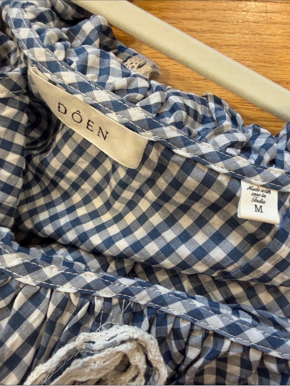 NWOT Doen Blue Gingham Ruffle Off-Shoulder Midi Dress, Size M - Picture 9 of 10